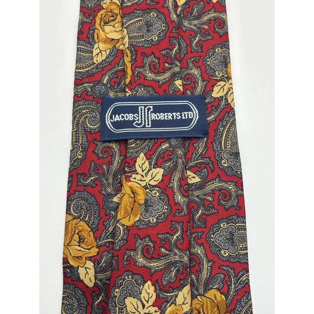 Jacobs Roberts Ltd Mens Silk Necktie Red Gold Floral Paisley Rose Print Tie